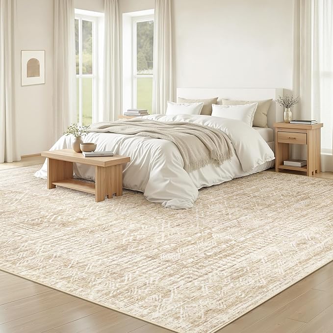 Living Room Rugs 8x10: Washable Moroccan Geometric Boho Rug Farmhouse Non Slip Stain Resistant Large Rug Low Pile Soft Carpet for Bedroom Dining Room Children Room (Beige,8'x10')
