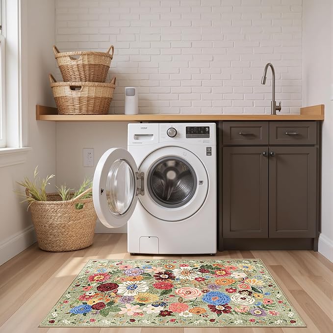 2x4 Entryway Runner Rugs, Non Slip Washable Rugs with Rubber Backing Soft Floral Carpet Runner for Kitchen, Laundry, Bedroom, Bathroom(2 x 4, Green Garden)