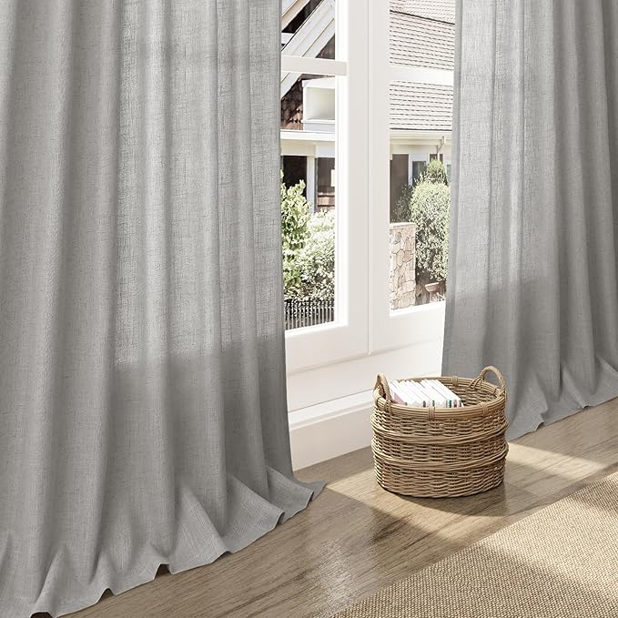 Nanspring Light Gray Linen Curtains 102 Inches Long for Living Room Modern Farmhouse Decor Rod Pocket Back Tab Light Filtering Boho Semi Sheer Grey Curtain for Bedroom 52x102, 2 Panels