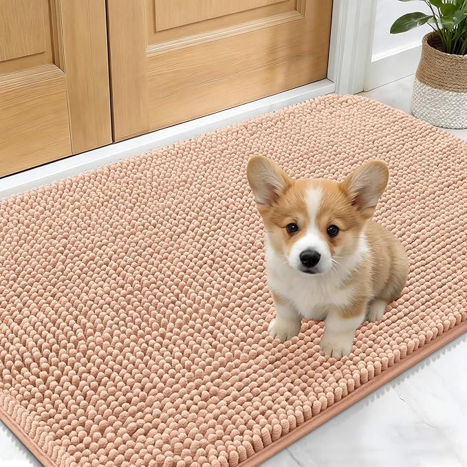 OLANLY Dog Door Mat for Muddy Paws 24x16, Absorbs Moisture and Dirt, Absorbent Non-Slip Washable Doormat, Quick Dry Chenille Mud Mat for Dogs, Entry Indoor Entryway Carpet for Inside Floor, Peach