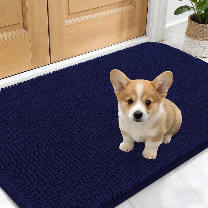 OLANLY Dog Door Mat for Muddy Paws 30x17, Absorbs Moisture and Dirt, Absorbent Non-Slip Washable Doormat, Quick Dry Chenille Mud Mat for Dogs, Entry Indoor Entryway Carpet for Inside Floor, Navy Blue