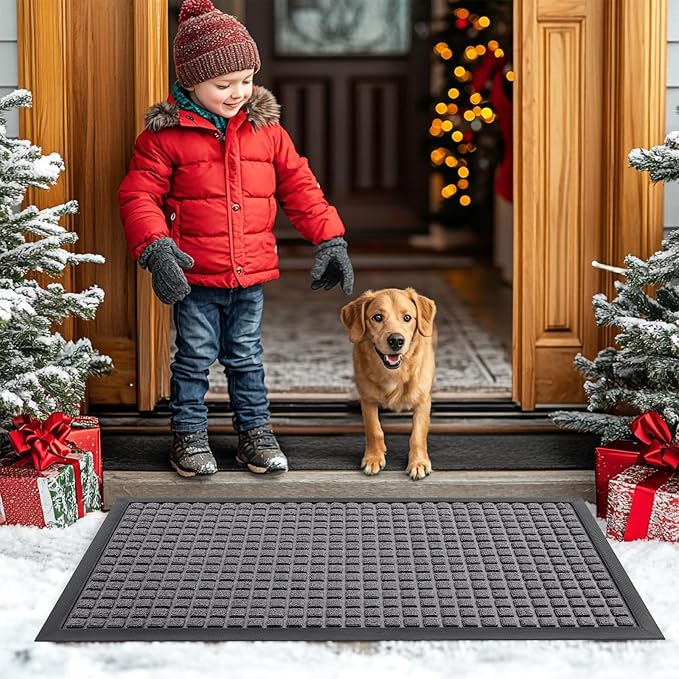 Smiry Front Door Mat Outside Entrance, Heavy Duty Natural Rubber Doormat, Non Slip, Trap Dirt and Moisture, Easy Clean, Low Profile Welcome Floor Mats for Indoor Outdoor Entry, 47x32 Inch, Mix Grey