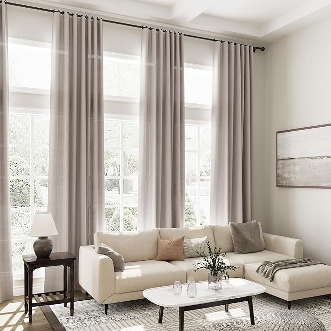 Brownish Grey Linen Curtains 120 Inch Extra Long for Living Room Back Tab Light Filtering Semi Sheer Drapes Modern Farmhouse Boho Cotton Textured Curtain for Floor to Ceiling High Window 52x120
