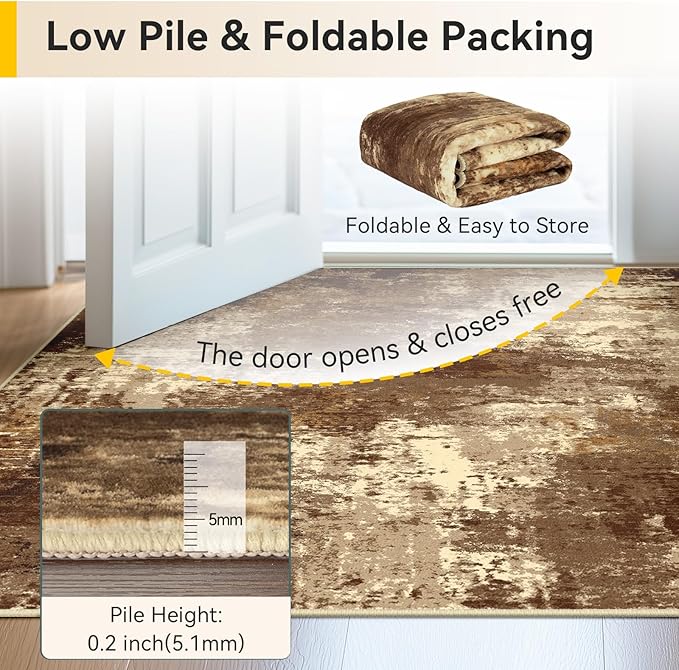 Washable Area Rugs 9'x12' Non-Slip Modern Abstract Soft for Living Room Entryway Bedroom Nursery, Print Pattern, Brown Tan Beige Coffee
