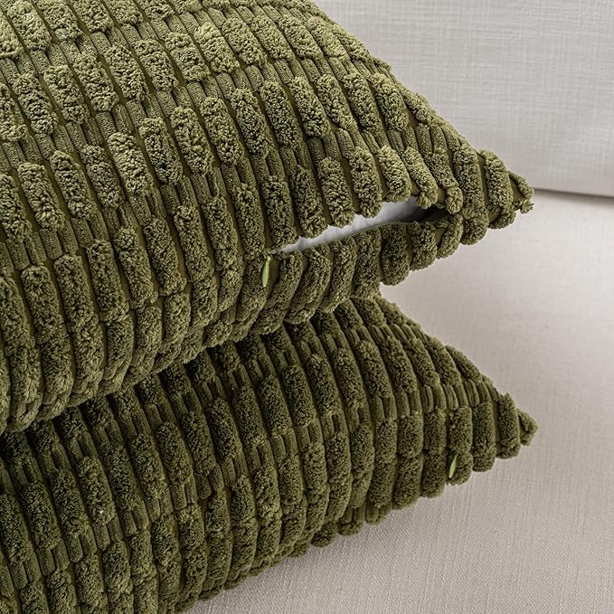 Fancy Homi 4 Packs Boho Moss Green Decorative Throw Pillow Covers 22x22 Inch for Couch Bed Sofa, Rustic Modern Farmhouse Home Decor, Soft Plush Corduroy Cute Square Cushion Case 55x55 cm