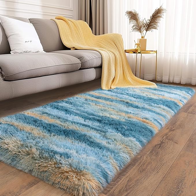 Soft Runner Rugs for Bedroom Hallways, 2x5 Abstract Blue Fluffy Shag Throw Area Rug Non Slip for Bedside Dorm, Long Shaggy Furry Carpet for Nursery Living Room