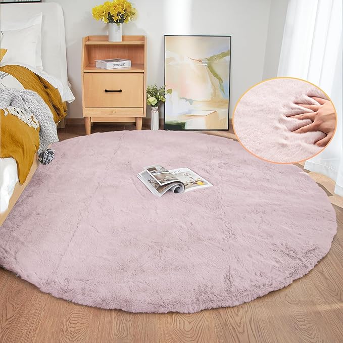 ORINOVA Pink Fluffy Round Rugs 6ft Large Circle Washable Faux Rabbit Shaggy Fur Rugs for Bedroom Living Room Nursery Rug Home Décor