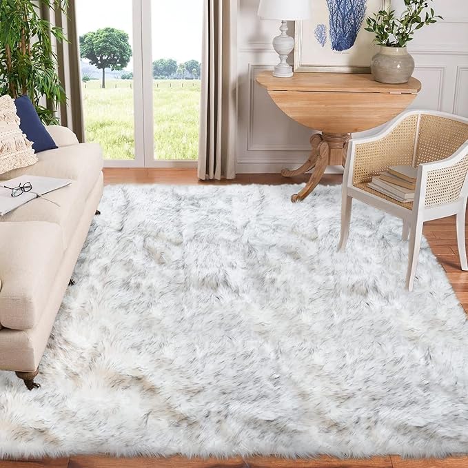 Goolela Sheepskin Area Rug 8x10 Fluffy Fuzzy Furry Carpet for Living Room Bedroom Faux Fur Plush Rectangle - White and Grey Tips