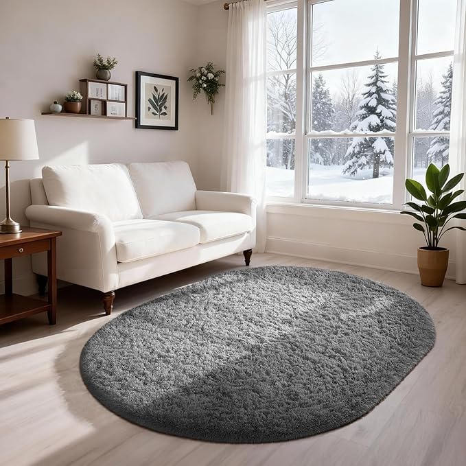 Ophanie 4x6 Oval Grey Rugs for Bedroom Living Room, Fluffy Fuzzy Furry Carpet, Plush Soft Shaggy Bedside Indoor Floor Area Rug for Kids Girls Boys Baby Teen Dorm Nursery Home Decor Aesthetic