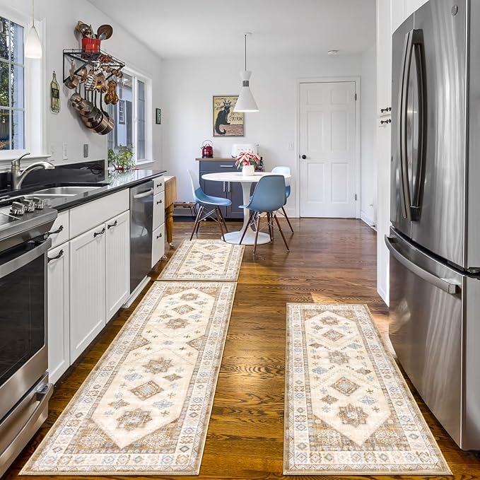 HEBE Boho Kitchen Rug Sets 3 Piece with Runner Non Slip Kitchen Rugs and Mats Washable Kitchen Mats for Floor Thick Kitchen Floor Mat Carpet Runner Rugs for Hallway Laundry Holiday Decor