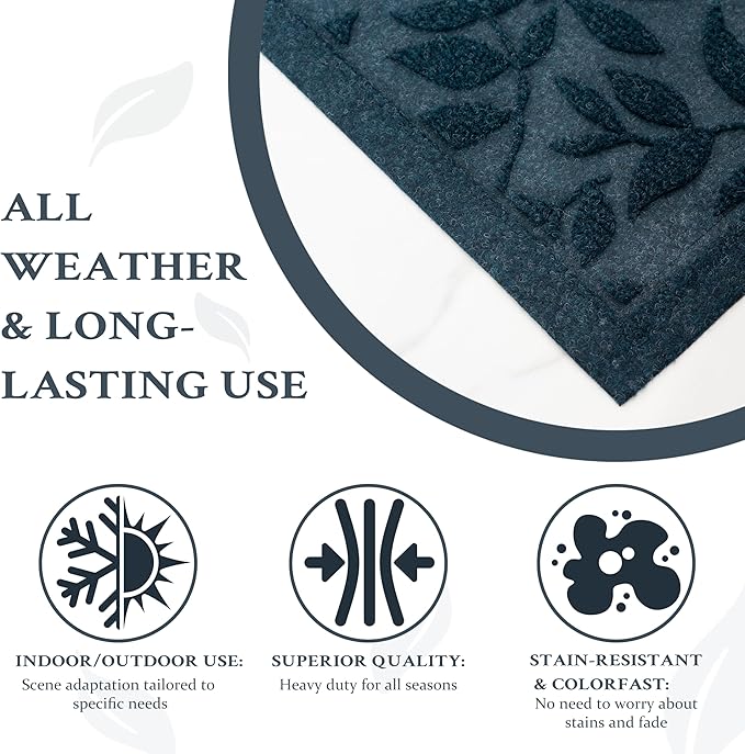 Blue Leaves Outdoor Indoor Entrance Door mat, Absorbent Durable Heavy Duty Welcome Front Door Mat,Thick Natural Rubber Back,Easy Clean Entryway Mat 47x32 Inch, Low Profile