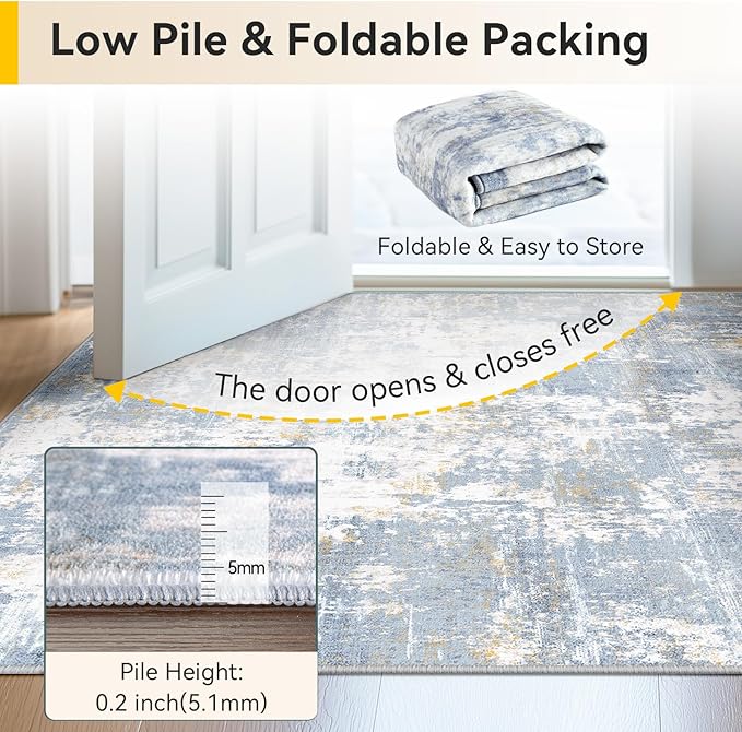 Washable Area Rugs 8'x10' Non-Slip Modern Abstract Soft for Living Room Entryway Bedroom Nursery, Print Pattern, Light Blue