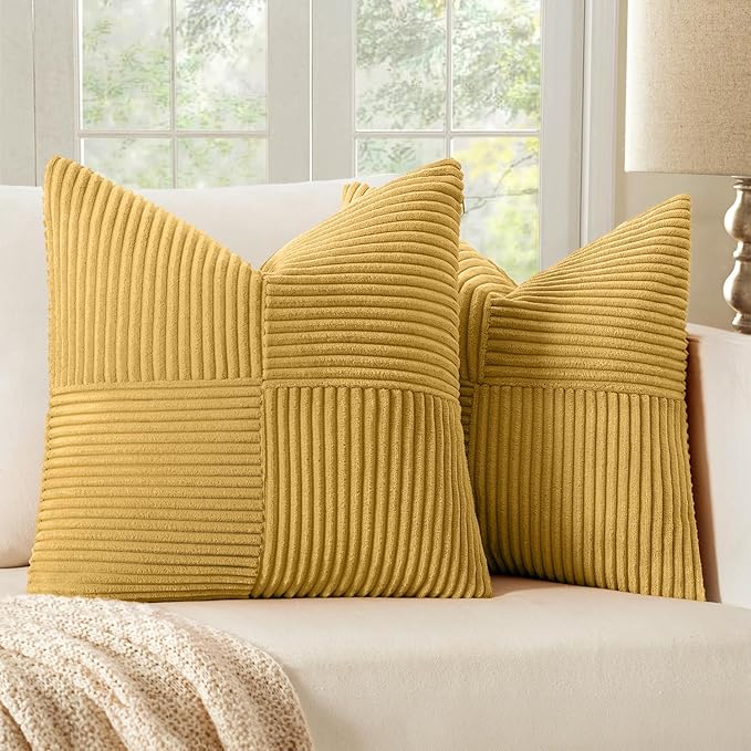 MIULEE Golden Mustard Decorative Throw Pillow Covers 16x16 Inch for Couch Bed Sofa Pack of 2 Boho Farmhouse Throw Pillows Soft Cross Corduroy Patchwork Textured Cushion Cases