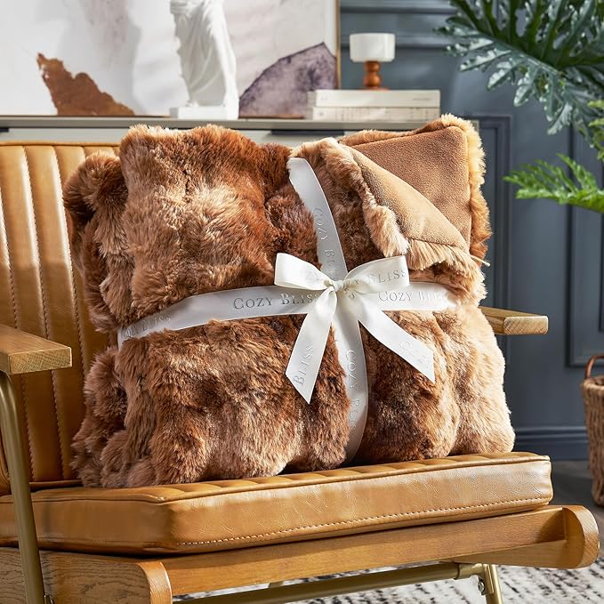 Cozy Bliss Faux Fur Throw Blanket for Bed Queen Size, Fuzzy Soft Plush Thick Bubble Blanket for Bedroom Living Room, 90x90 Inches Tie-dye Brown