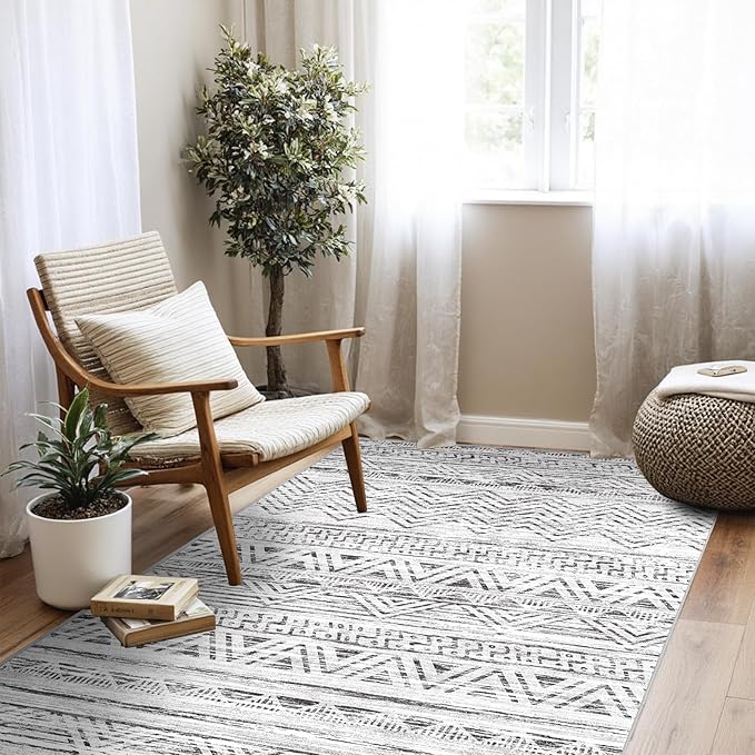 4x5 Washable Entryway Area Rug: Modern Moroccan Runner Rugs Indoor Soft Non Slip Door Mat for Living Room Low Pile Thin Floor Carpet for Kitchen Dining Room Bedroom Home Office Decor(4x5,Grey)