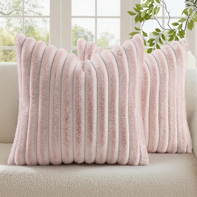 decorUhome Summer Cozy Faux Fur Throw Pillow Covers 26x26 Set of 2 Decorative Plush Striped Modern Farmhouse Boho Couch Euro Sham Pillow Cases with Velvet Back for Sofa Bed Living Room, Pink White