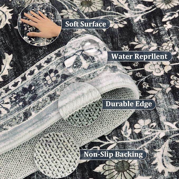 Yamaziot Washable Runner Rug 2x6 – Non Slip Boho Floral Hallway Runner Rug with Rubber Backing,Low Pile Faux Wool Distressed Carpet for Kitchen, Laundry, Bedroom, Entrance, Navy/Black