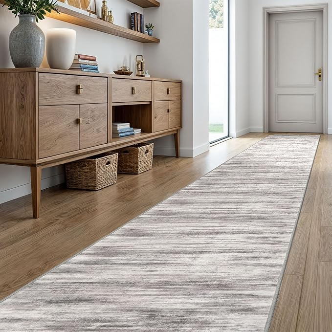 KOZYFLY Modern Abstract Washable Long Runner Rug 2.6x20 Hallway Rug Runner Non-Slip Soft Stair Runner Rugs, Grey/Light Beige/Brown Striped Carpet for Kitchen Entryway Bathroom
