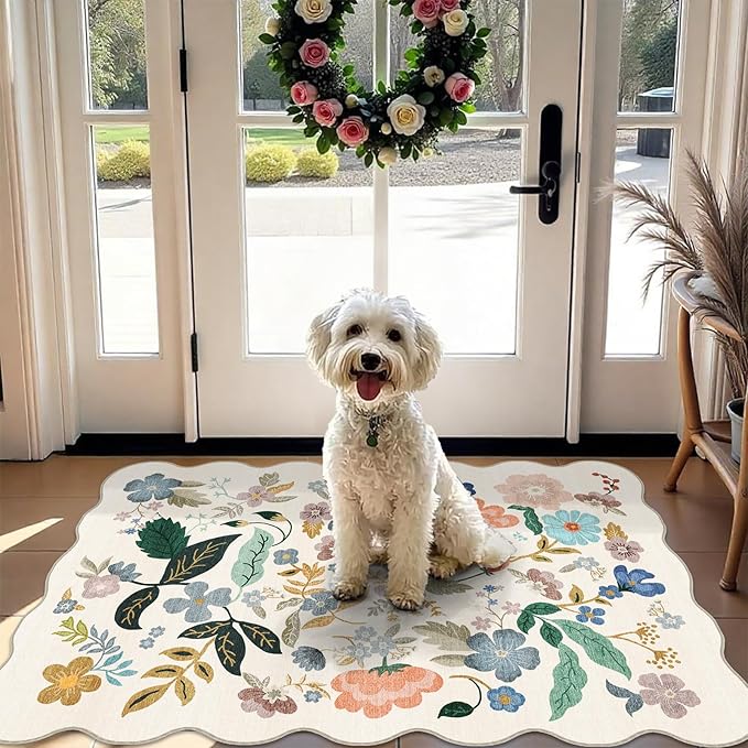 Washable 2x3 Entryway Scalloped Rug: Floral Thin Door Mat Non Slip Water Resistant Kitchen Bathroom Area Rug Indoor Ultra Soft Carpet for Laundry Nursery Living Room Bedroom Soft Floor Mat (2x3,Cream)