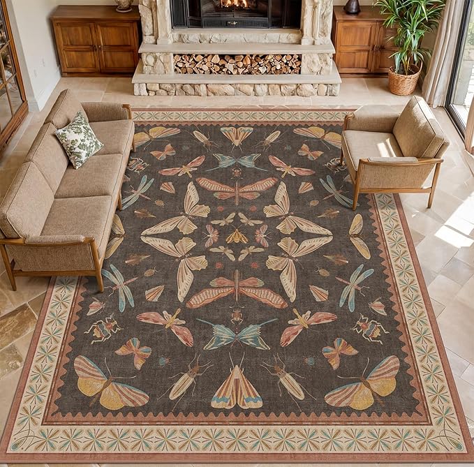 Brown Large 8x10 Living Room Area Rug, Unique Washable Insect Rugs for Bedroom, Stain Resistant Farmhouse Carpet for Dining Room, Whimsical Home Décor, Low Pile & Soft Mat