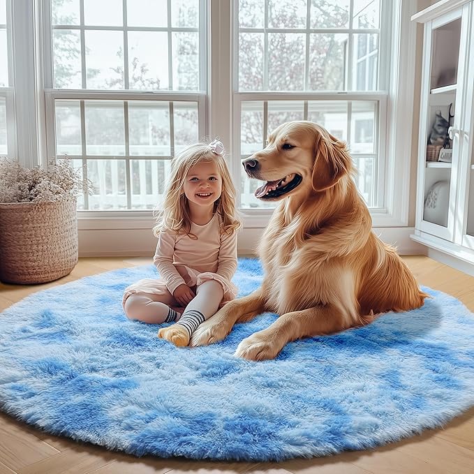 ONASAR Round Rugs 5ft for Bedroom Living Room, Tie-Dye Blue Fluffy Circle Area Rug for Kids Girls Boys Teen, Soft Plush Shaggy Carpet for Nursery Dorm Classroom Playroom Home Decor Aesthetic