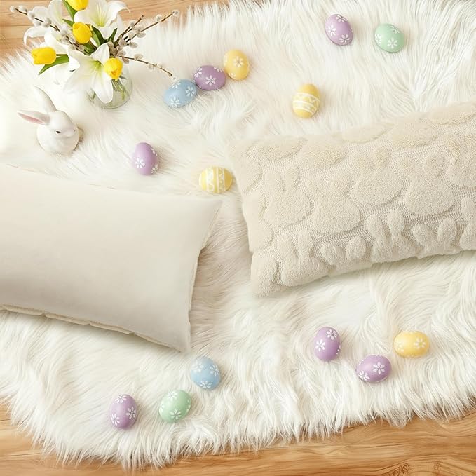 decorUhome Easter Bunny Pillow Covers 12x20 Inch Set of 2, Soft Plush Faux Wool Jacquard Beige Rabbit Cushion Covers, Farmhouse Neutral Spring Easter Holiday Decor for Couch Sofa Bed