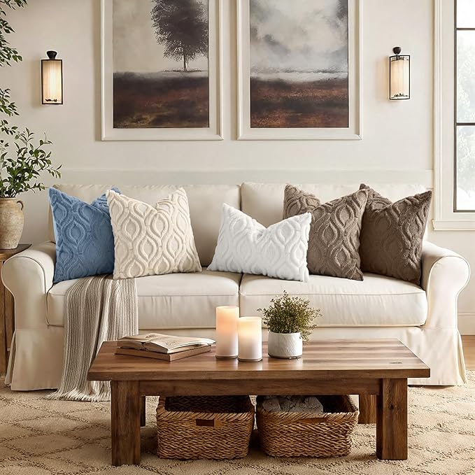 decorUhome Throw Pillow Covers 18x18 Inch Set of 2, Soft Plush Faux Wool Blue Solid Couch Pillow Covers, Accent Farmhouse Neutral Square Pillow Cases for Sofa Bed Living Room