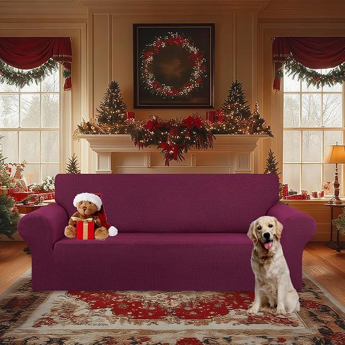 KEKUOU Stretch Oversized Sofa Slipcover 1 Piece Couch Sofa Cover (94"-110") Furniture Protector 4 Seater Sofa with Elastic Bottom for Kids,Pet.Jacquard Checked Pattern Fabric(X Large,Wine)