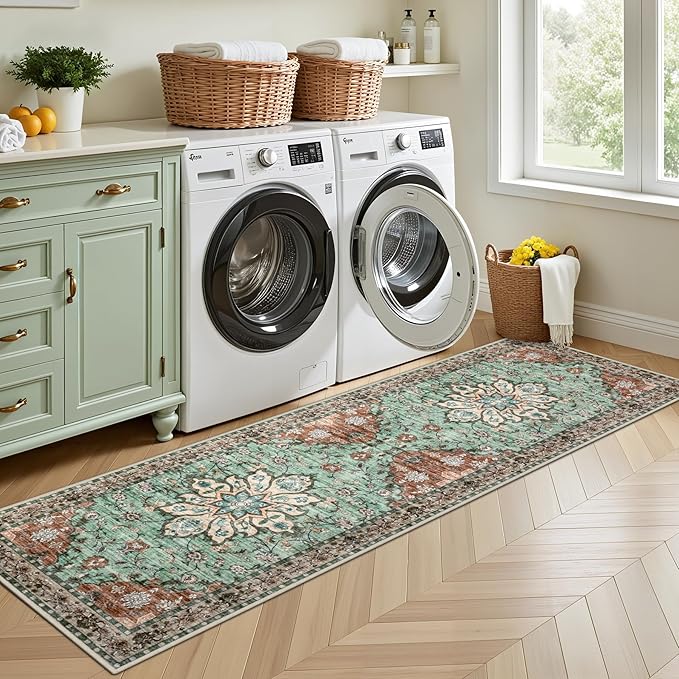 Hallway Runner Rug Non Slip - Washable 2.6x8 Kitchen Rugs for Living Room, Low-Pile Soft Bedroom Rug Indoor Floor Stain Resistant Carpets for Entryway, Laundry, Bathroom Brown Green