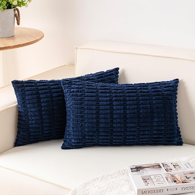 Pack of 2 Corduroy Decorative Throw Pillow Covers 12x24 Inch Soft Striped Pillow Covers Modern Farmhouse Home Decor for Sofa Living Room Couch Bed（Blue）
