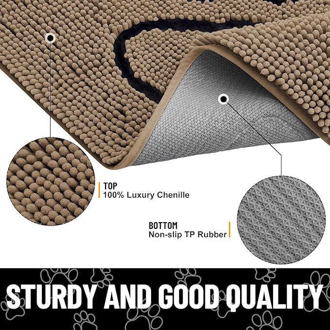 Smiry Dog Door Mat for Muddy Paws, Absorbent Dirt Trapper Non Slip Quick Dry Washable Chenille Mat for Mud Dogs, Entry Rug for Indoor and Outdoor (71x46 Inches, Camel and Black)