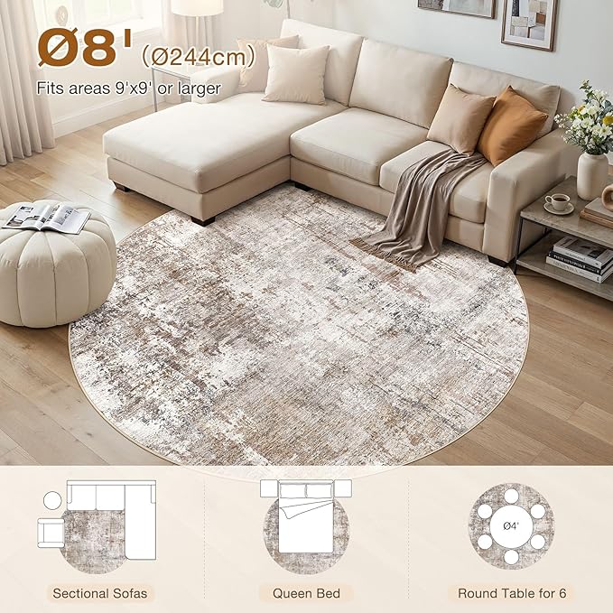 UERMEI 8ft Round Area Rug Living Room Rugs - 8x8 Washable Neutral Modern Abstract Soft Thin Rug Indoor Floor No Slip Rug Carpet for Bedroom Under Dining Table Home Office Decor - Brown/Grey/Red