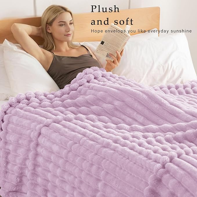 Exclusivo Mezcla King Size Flannel Fleece Blanket, Super Soft Striped Jacquard Bed Blanket, Lightweight Fuzzy Cozy for All Seasons, 90x104 Inches, Lilac Purple
