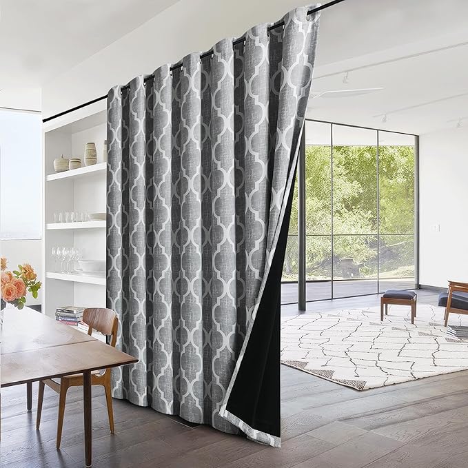 Beauoop 100% Blackout Curtains 84 Inches Long for Patio Sliding Door Grey Extra Wide Moroccan Geo Room Darkening Gray Thermal Soundproof Room Divider Grommet Window Treatment Drapes,100x84 Set of 1