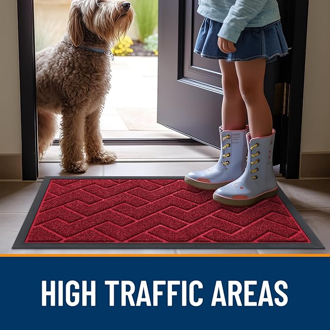 OLANLY Front Door Mat Indoor Outdoor Entrance, Waterproof All-Season, All-Weather Doormat, Sturdy Natural Rubber, Low Profile, Easy Clean Patio Porch Entryway Mat, Herringbone Brick (Wine Red, 47x23)