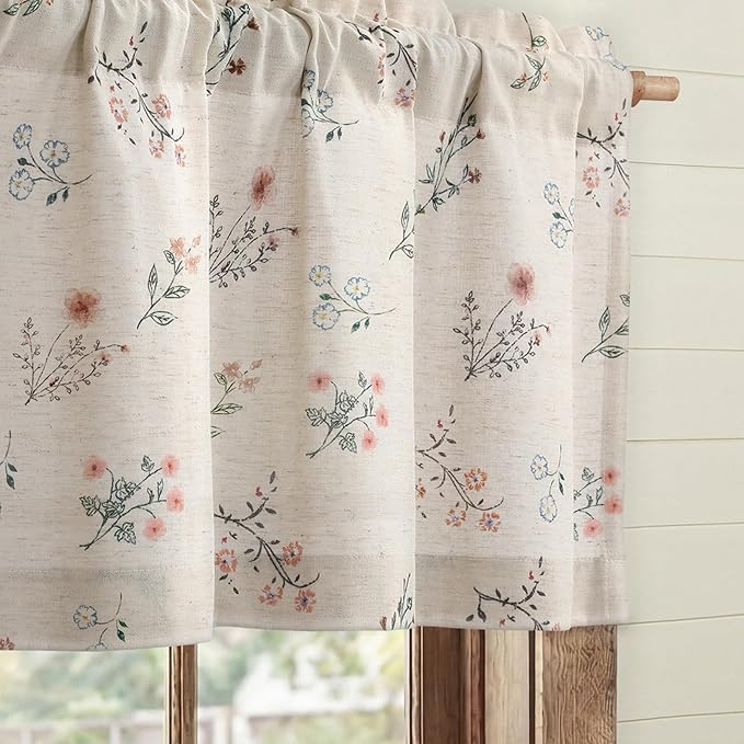 Kitchen Valances for Windows, Country Farmhouse Cottage Rustic Vintage Floral Linen Light Filtering Bedroom Living Room Patterned Printed Western Rod Pocket(1 Panel,52 x 18 Inch)