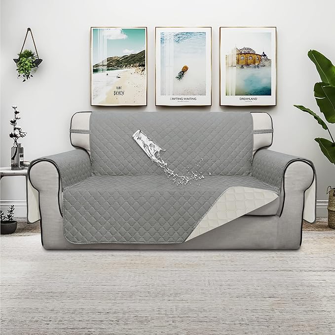 ISSUNTEX Double Protection 100% Waterproof Loveseat Sofa Covers for Living Room, Couch Covers for 2 Cushion Couch Sofa, Reversible Furniture Protector Sofa Cover for Dogs (Loveseat, Light Gray/Ivory)