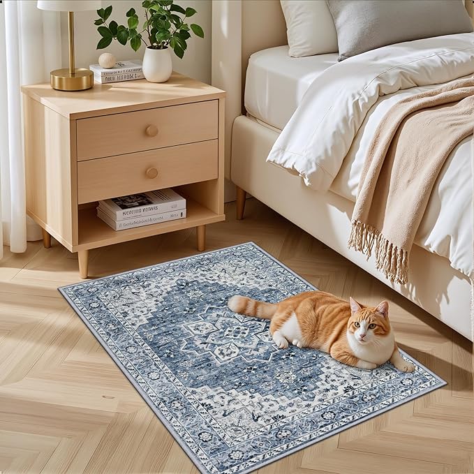 2x3 Area Rugs Living Room Rug: Washable Vintage Boho Medallion Rug No Slip Stain Resistant Soft Carpet Indoor Floor Large Carpets for Bedroom Dining Room Farmhouse Nursery Hallway Home Office Blue