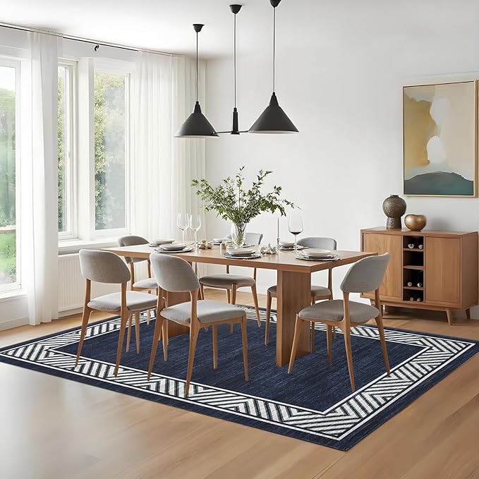 GarveeHome Bordered Bedroom Rugs 5x7 Ultra-Soft Indoor Carpet, Non-Slip Modern Geometric Living Room Rug, Stain-Resistant Neutral Accent Floor Cover for Dining Room, Nursery, Office, Navy Blue