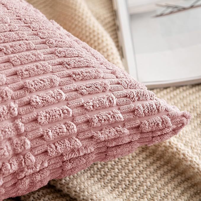 MIULEE Pack of 2 Corduroy Decorative Throw Pillow Covers 18x18 Inch Soft Boho Striped Pillow Covers Modern Farmhouse Home Decor for Sofa Living Room Couch Bed Blush Pink Spring Valentine Decor