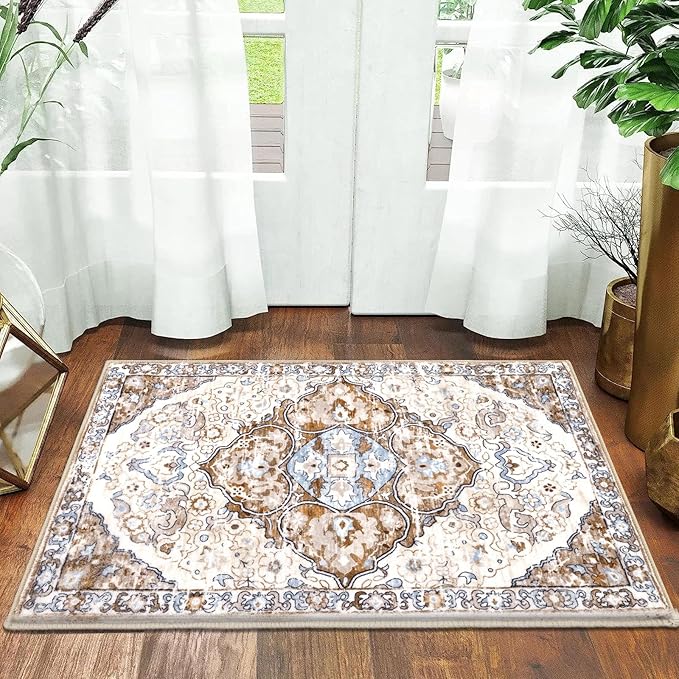 HEBE Washable Area Rug - 2'x3' Non Slip Soft Distressed Medallion Bedroom Boho Living Room Accent Throw Vintage Entry Floor Carpet for Dining Room Bathroom Entryway