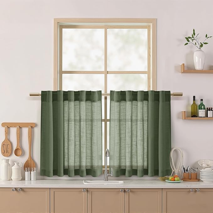 Nanspring Olive Green Linen Curtains 24 Inch Length for Kitchen Small Windows Light Filtering Panels Back Tab and Rod Pocket Drapes for Cafe/Small Curtains, 30 x 24 Inch,2 Panels