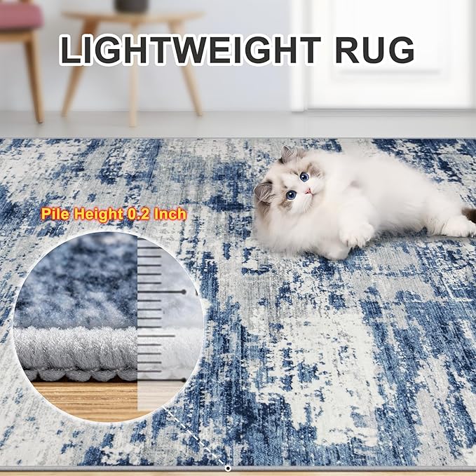 Area Rugs Living Room Rug - 5x7 Washable Modern Abstract Soft Neutral Non-Slip Carpet Large Indoor Floor Thin Carpets for Bedroom Dining Room Farmhouse Nursery Home Office Blue Gray