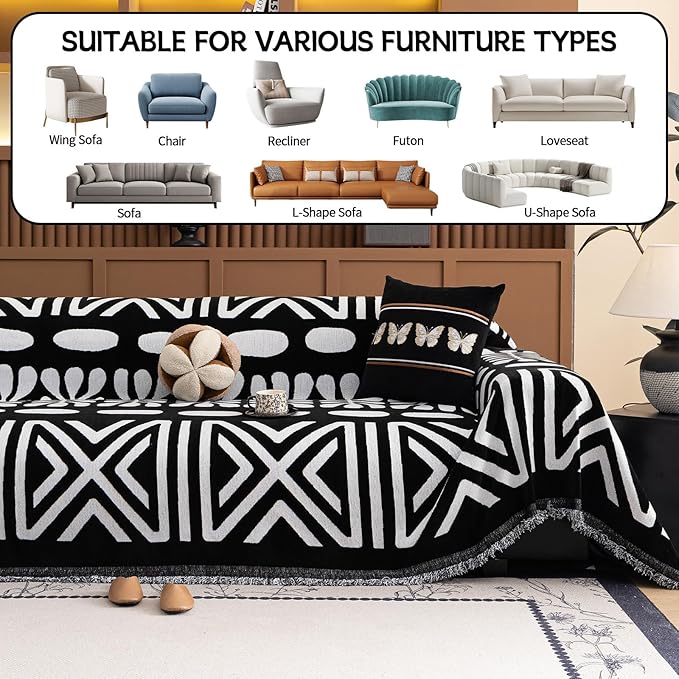 HANDONTIME Boho Couch Cover Blanket Geometric Striped Pet Covers for Couches and Sofas Black and White Dog Cover for Couch Pet Friendly Chenille Sectional Sofa Covers for Pets Washable, 71" X 118"