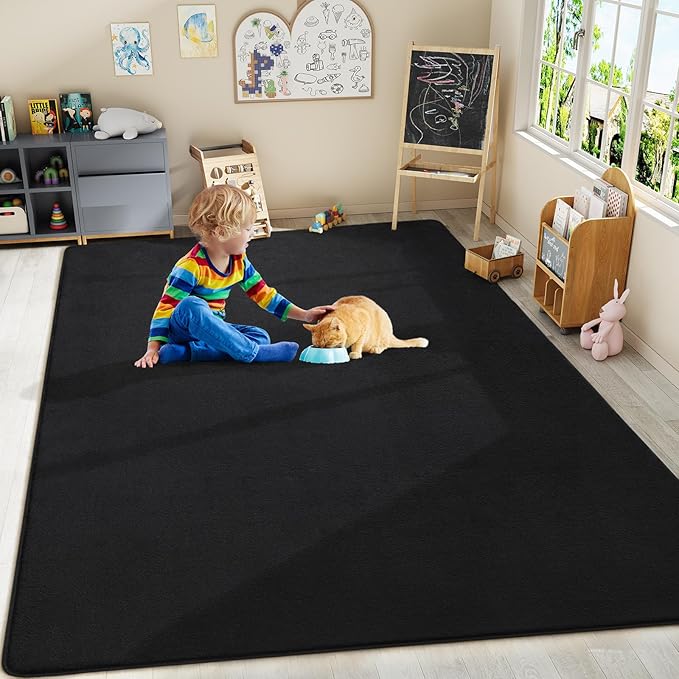 Amearea Large Modern Area Rugs for Bedroom Living Room, 6x9 Feet Black Thickened Memory Foam Rug, Fluffy Indoor Washable Rugs Non Slip Minimalist Carpet for Boys Girls Dorm Nursery Room Decor
