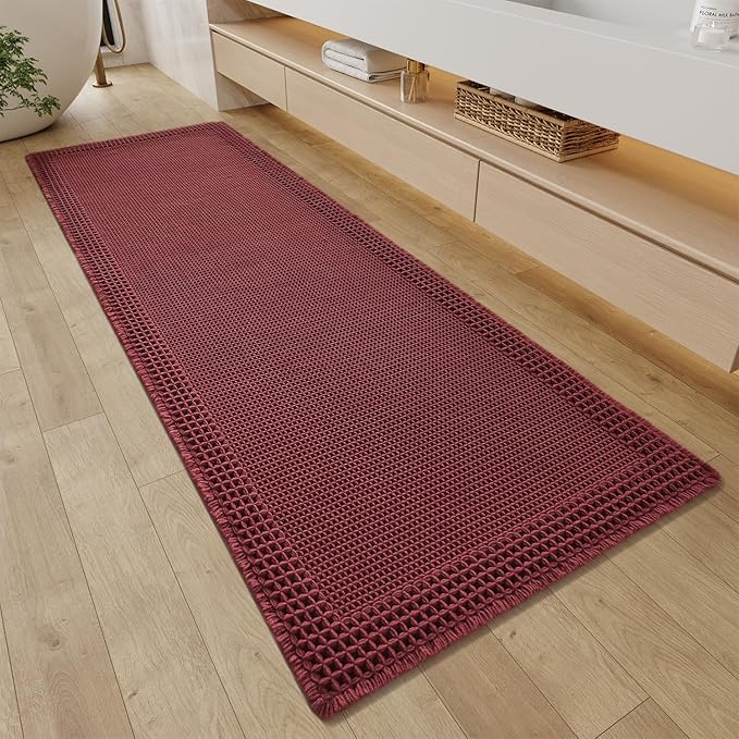 RESARE Waffle Bathroom Runner Rugs, Super Absorbent Bath Mat Non Slip Washable Quick Dry, Upgraded Ultra Soft Boho Bath Rugs with Tassels for Hallway Bedroom Laundry Room, 2'x6'(24"x72") Dark Red