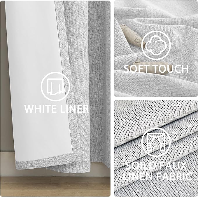Yakamok White Linen Curtains 100% Blackout 90 Inches Long,Room Darkening Textured Curtains for Living Room Thermal Grommet Bedroom Curtain 2 Panels with Greyish White Liner