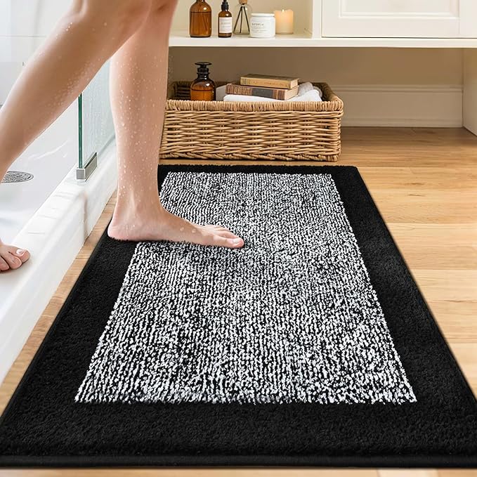 48x24 Long Bathroom Rugs Washable Non Slip, Black Bath Mat for Bathroom Floor Tub, Soft Absorbent Quick Dry Mats for Shower,Bathtub,Home Decor