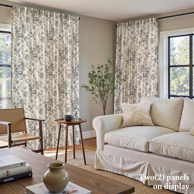 jinchan Linen Floral Curtains Extra Wide for Patio Sliding Glass Door Room Divider Curtain for Living Room 96 Inch Length Farmhouse Peony Black Printed Curtain Set 1 Panel