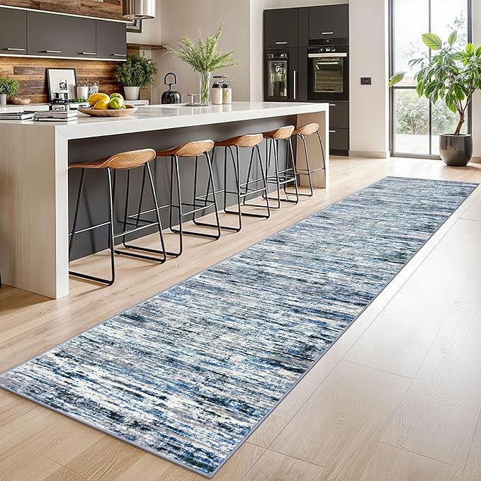 Lansny Modern Abstract Runner Rug 2.6x14, Grey Blue White Washable Long Kitchen Runner Non-Slip Soft Hallway Rug Runner Thin Print Faux Wool Carpet for Entryway Bedroom Laundry Room Indoor Home Decor